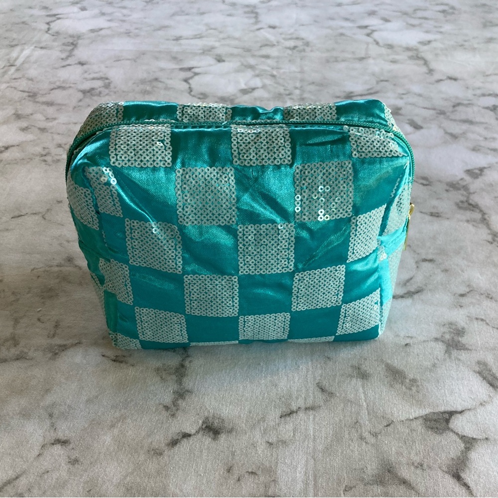 Teal and white Checkered Sequin makeup bag